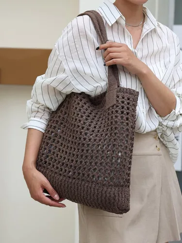 Miniatura 71 de ENBEI Bolsa de playa para mujer, diseño hueco de punto de ganchillo, elegante para la playa, viajes y uso diario