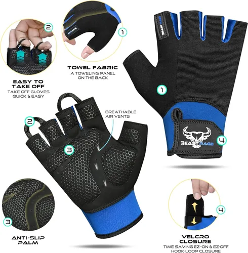 Miniatura 2 de BEAST RAGE Guantes de entrenamiento para hombres, guantes de gimnasio duraderos con agarre de palma para mujeres, medio dedo, elástico