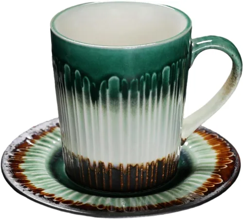 Miniatura 15 de CAPIJIONG 6.8 fl oz/6.67oz Vintage Cerámica Horno Taza de Café Set Creativo Simple Taza de Leche para Oficina Hogar Restaurante Café-Azul Esmalte
