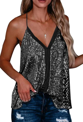 Shawhuwa Camiseta sin mangas con cuello en V y lentejuelas para mujer, sexy, sin mangas, espalda cruzada