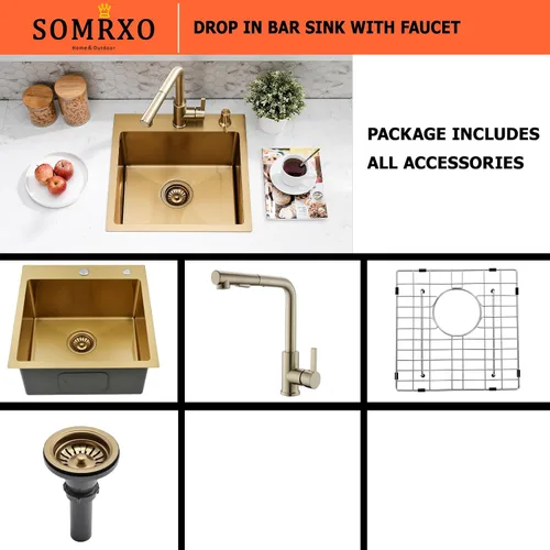 Miniatura 7 de Fregadero de barra empotrable de 15 pulgadas con combo de grifo Acero inoxidable dorado, tazón individual de montaje superior, diseño moderno