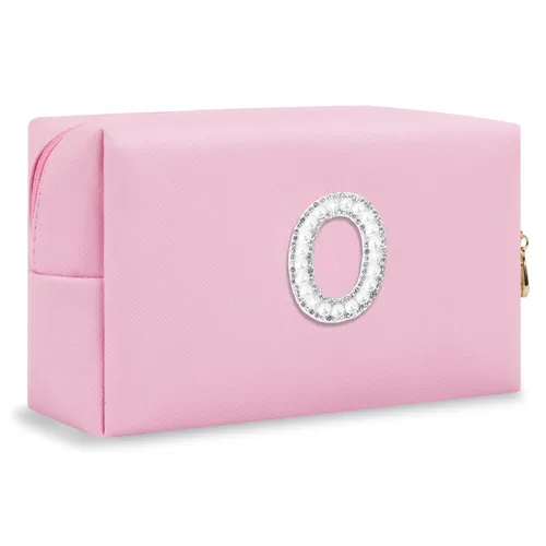 Miniatura 235 de Pequeña bolsa de maquillaje personalizada con inicial A-Z Preppy Patch, bolsa de cosméticos de viaje de felpilla blanca con cremallera, bonita bolsa