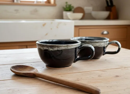 Miniatura 2 de Juego de 2 cuencos de sopa estilo granja con asas, grandes profundos, tazas colgantes de cocina, decoración de cerámica hecha a mano