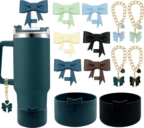 Miniatura 36 de Conjunto de accesorios para taza Hpebl para Stanley, incluye 2 tapas de pajita con moño lindo de 10 mm, tapones reutilizables para pajita, 1 funda
