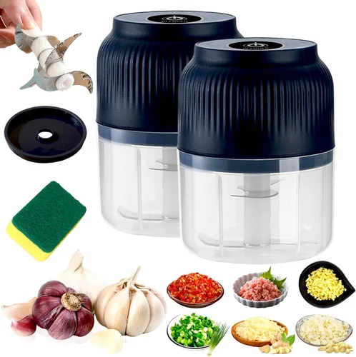 Picadora eléctrica de ajo de capacidad de 10.1 fl oz, mini cortador de verduras portátil, 4 cuchillas afiladas de acero inoxidable, mini picadora