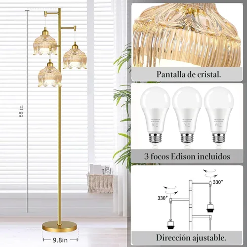 Miniatura 5 de ILLMTW Lámpara de Pie Dorada para Sala de Estar, Dormitorio, Lámpara de Pie Moderna de Mediados de Siglo Lámpara de Pie de Latón Árbol de 3 Luces