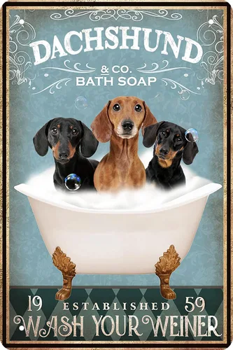 Divertidos letreros de hojalata metálica con diseño de Dachshund – Decoración de baño vintage – Señales del club de amantes de Dachshund – Póster de