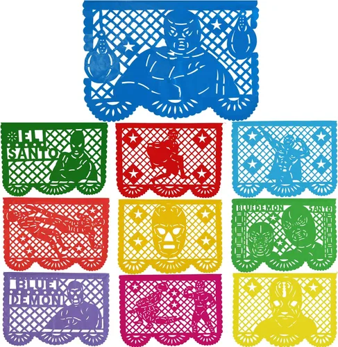 Papel Picado de 16 pies, pancarta mexicana, pancarta de plástico Lucha Libre, decoraciones de pancarta mexicana, suministros de fiesta de Luchador