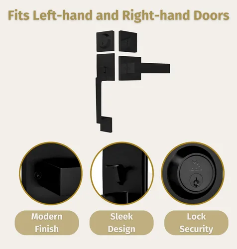 Miniatura 4 de Mega Handles - Juego de manijas de puerta de entrada TOBELLE en acabado negro mate - Manija de un solo cilindro con palanca para puertas de entrada