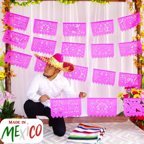 Miniatura 9 de Pancartas rosadas de Picado Picado, decoraciones de fiesta temática mexicana rosa, banderas mexicanas, decoraciones colgantes de fiesta de México