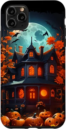 Funda para iPhone 11 Pro Max Halloween espeluznante casa embrujada murciélagos y calabazas talladas