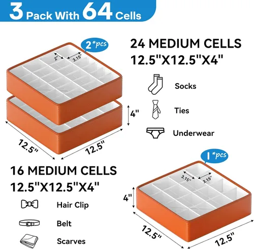 Miniatura 2 de Organizador de cajones de ropa interior de cuero de moda, divisores de armario, 64 celdas (16+24+24+24), caja de almacenamiento de cuero plegable