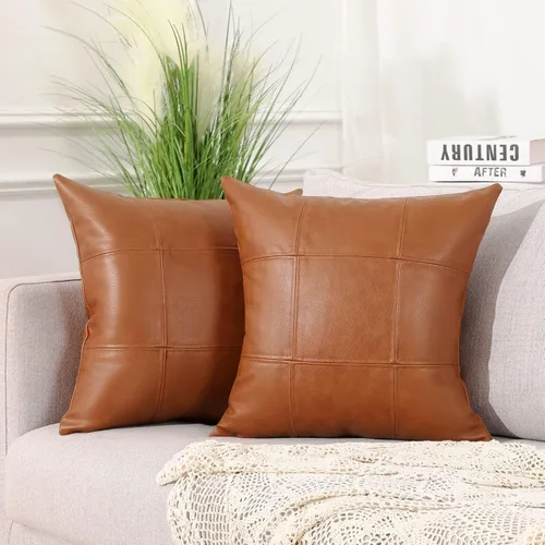 MANDIOO Juego de 2 fundas de almohada clásicas de piel sintética a cuadros, cosidas a mano, modernas, de lujo, veganas, para exteriores, para sofá,