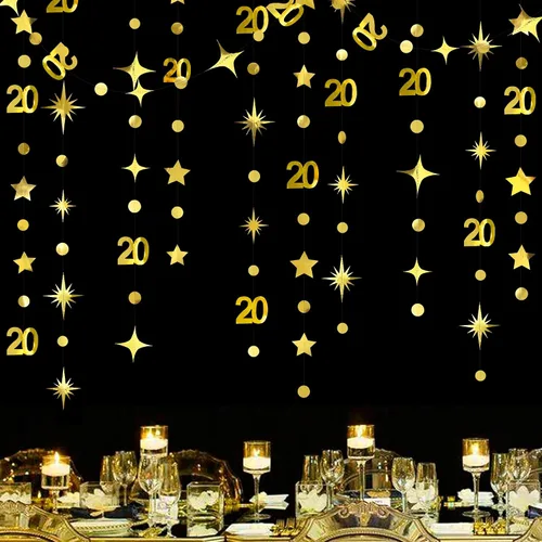 Miniatura 10 de Decoraciones negras de 20 cumpleaños número 20 círculo estrella metálica colgante serpentina telón de fondo para mujeres y hombres saludos a 20 años
