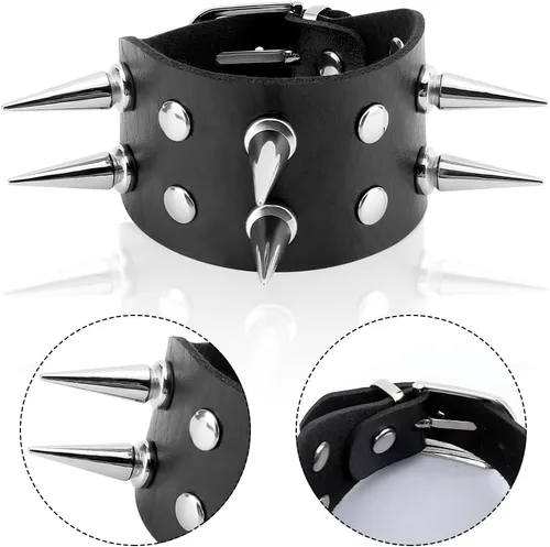 Miniatura 5 de Pulsera con tachuelas, Spike Punk Goth Punk de cuero para mujeres y hombres