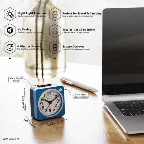 Miniatura 2 de AYRELY® Reloj despertador analógico de viaje ultra pequeño de 2.6 x 1.4 pulgadas, silencioso, sin tictac, con repetición y luz, reloj retro de Azul