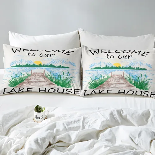 Miniatura 5 de Lake House Sábanas bajeras tamaño individual, sábana dibujada a mano con paisaje de lago y montaña para niños, niñas, niños y adultos, decoración
