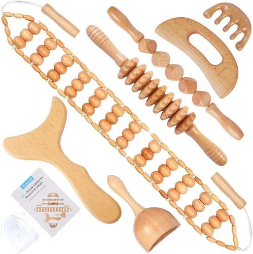Miniatura 7 de Xokocli Herramientas de masaje de terapia de madera 5 en 1, masajeador de drenaje linfático para aliviar el dolor muscular Kit de maderoterapia