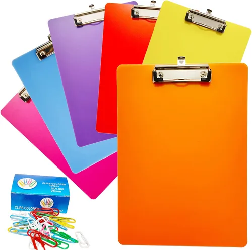 smilixin Paquete de 6 portapapeles de plástico, portapapeles de oficina, tamaño estándar A4, coloridos tableros transparentes con clip de perfil