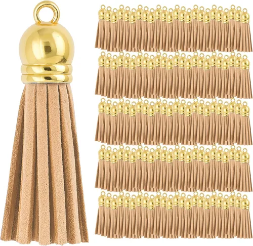 Miniatura 74 de Mandala Crafts 100 borlas de gamuza sintética color aguamarina con tapa dorada, suministros para hacer llaveros a granel, pequeñas borlas de cuero