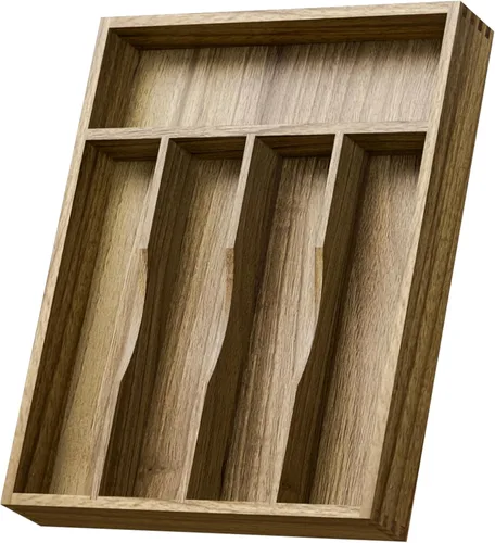 Kiasthome Organizador de Cajón de Cubiertos de Madera de Acacia, Organizador de Cajón de Utensilios de Cocina con Divisores Ranurados, Organizador
