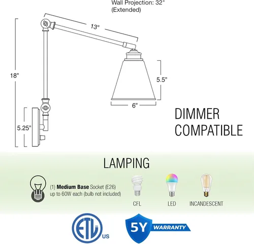 Miniatura 3 de Kira Home Ellis - Lámpara de pared industrial vintage de 18 pulgadas con brazo oscilante, para enchufe/montaje en pared + cubiertas de cable