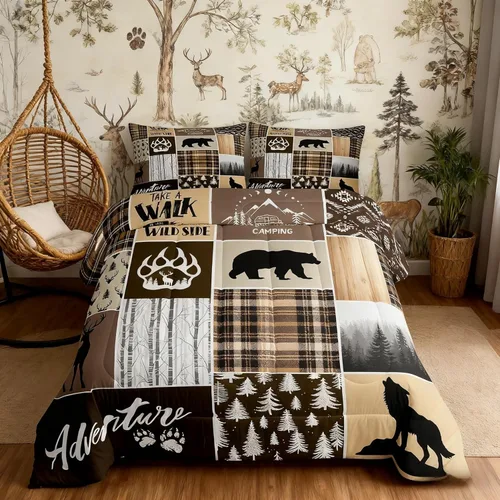 Miniatura 104 de Juego de edredón de cuernos de ciervo tamaño individual, juego de ropa de cama rústica de granja con huellas de oso y pinos para decoración