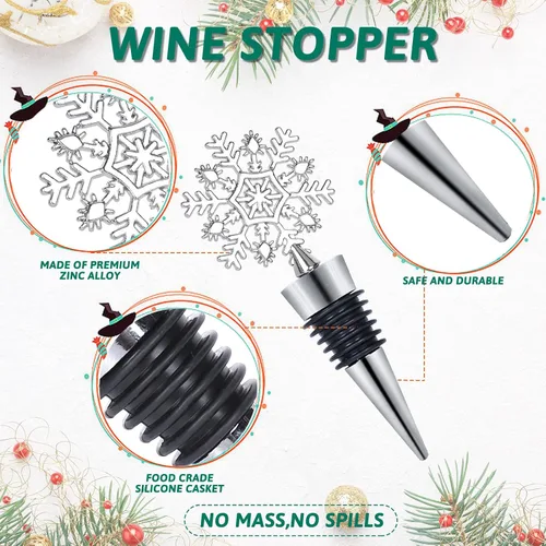 Miniatura 3 de Whaline Tapón de vino de copo de nieve de 4 piezas, tapón decorativo de Navidad, tapón de botella de metal para bebidas y cerveza para mantener