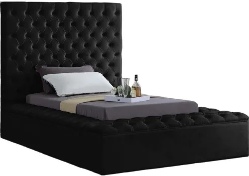 Colección moderna Meridian Furniture Bliss, cama tapizada de terciopelo contemporánea con acolchado de botón profundo y compartimentos de Negro