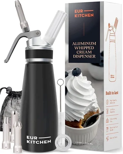 EurKitchen - Dispensador profesional de crema batida de aluminio, recipiente para cremas sin fugas, 3 boquillas de decoración y cepillo de limpieza,