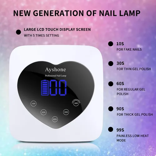 Miniatura 3 de Lámpara de uñas UV LED inalámbrica, secador de uñas recargable de 72W con luz de esmalte de gel y gran pantalla LCD, lámpara de uñas curativa Blanco