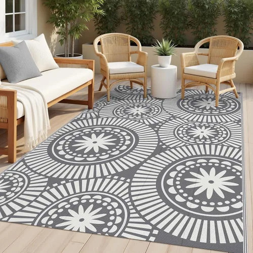 Miniatura 25 de Ileading Alfombra de Paja de Plástico para Exteriores 5x8 pies Estilo Floral Divertido Alfombras de Área Reversibles para Patio Impermeables