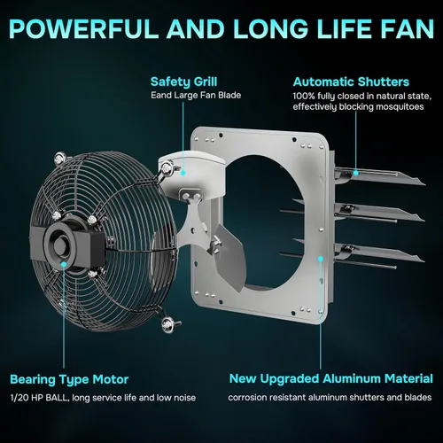Miniatura 4 de iPower Ventilador de escape de obturador de 10 pulgadas de aluminio, alta velocidad 1650RPM, 820CFM, 1 paquete, plateado