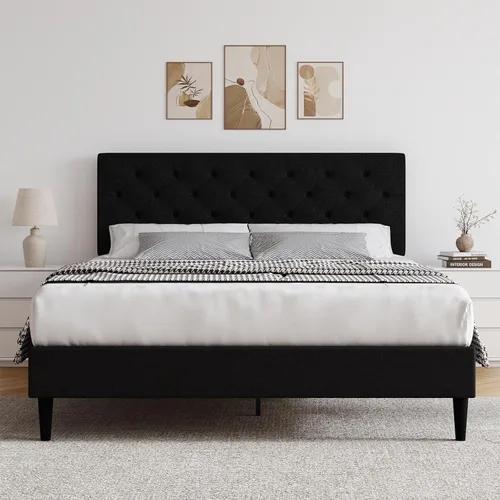 Miniatura 14 de HOMBCK Marco de Cama Queen con Cabecera Capitoné con Botones, Marco de Cama de Plataforma Tapizada Azul, Tela Suave/Soporte de Listones de Madera/No