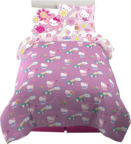 Miniatura 2 de Franco - Juego de edredón y sábanas supersuaves con funda para niños, 5 piezas, tamaño individual, Hello Kitty Hello Kitty - Jardín del arco iris