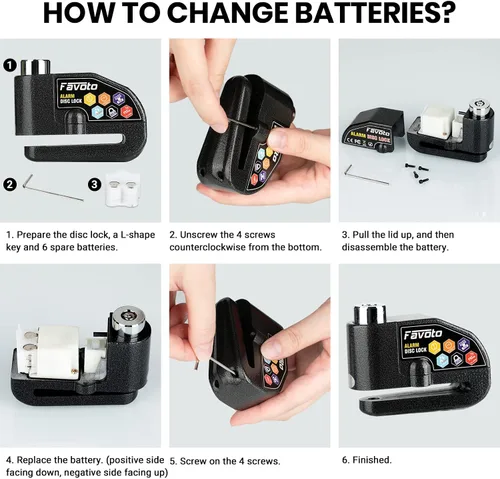Miniatura 6 de Favoto Bloqueo de disco de alarma, 3 llaves y 18 baterías (5 años de disponibilidad), candado de freno de seguridad antirrobo impermeable de 110 dB