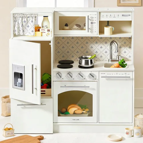 Tiny Land Cocina de juego para niños, juguete de cocina de madera mejorado con áreas de juego completas, juego de cocina de simulación con Blanco