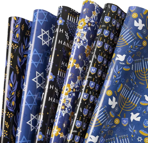 Miniatura 11 de RUSPEPA Hojas de papel de regalo de Hanukkah, estrella de David, menorá, feliz Hanukkah y diseño de rayas, papel de regalo azul y dorado