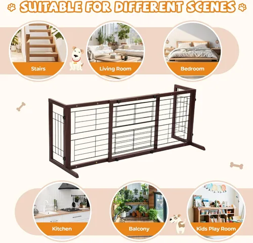 Miniatura 3 de COZIWOW Puerta para perros de 38 a 67 pulgadas, puerta independiente para mascotas, extra ancha, valla de madera para cachorros, puertas de Marrón