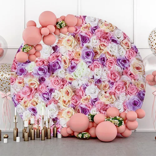 Miniatura 2 de Renaiss Fondo redondo de flores de rosas de 4 x 4 pies, color rosa, morado, blanco, círculo de pared, fondo de fotografía, boda, despedida