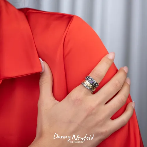 Miniatura 2 de Paz Creations - Anillos giratorios de plata de ley 925 para mujer con piedras preciosas naturales, banda gruesa con patrón martillado, joyería