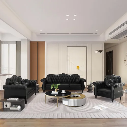Miniatura 6 de AVZEAR 82" Sofá de tres plazas de cuero, sofá Chesterfield, sofá tapizado en PU de estilo moderno de mediados de siglo, sofá de sala de estar