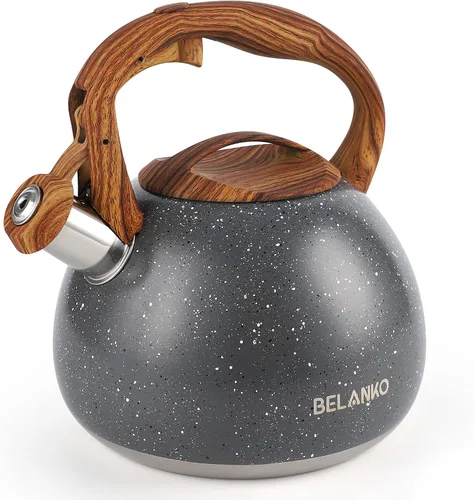 Miniatura 10 de BELANKO Hervidor de té de 2.7 cuartos de galón para estufas, tetera de acero inoxidable de grado alimenticio con silbato fuerte, mango de madera