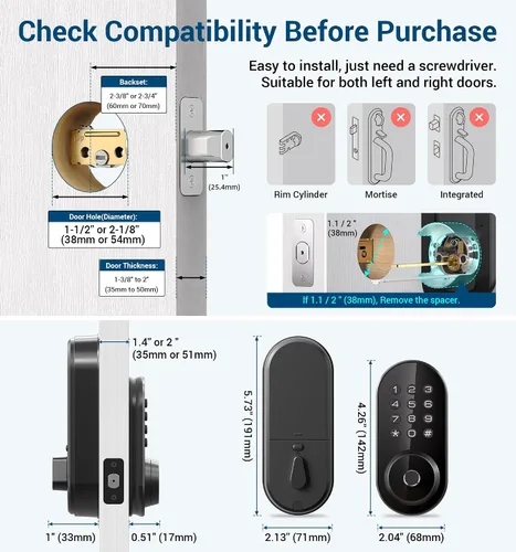 Miniatura 6 de TEEHO TE342 Cerradura inteligente de puerta de entrada sin llave con teclado, control remoto de aplicación Bluetooth, cerrojo electrónico para Negro