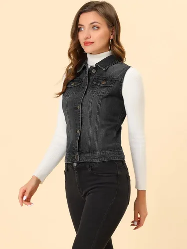 Miniatura 2 de Allegra K Chaleco de mezclilla lavado con botones para mujer, con bolsillos con solapa en el pecho