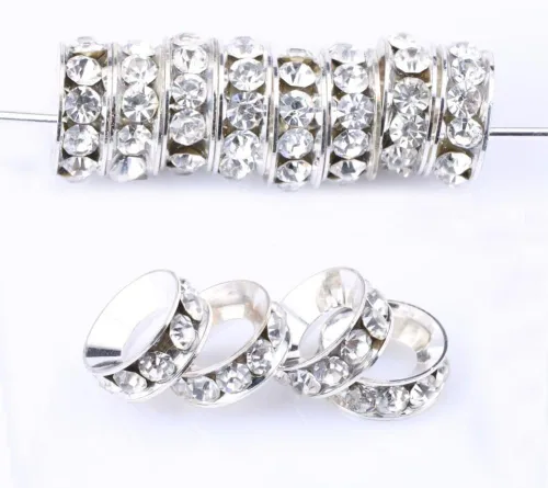 Miniatura 4 de 50 cuentas sueltas de diamantes de imitación de cristal de grado A de Adabele de 0.315 pulgadas (agujero grande de 0.138 pulgadas) chapadas en plata