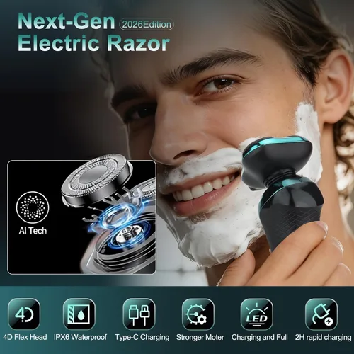 Miniatura 3 de Maquinilla de afeitar eléctrica para hombres, rasuradoras rotativas para hombres, impermeable, recargable en seco y húmedo para rostros de hombres