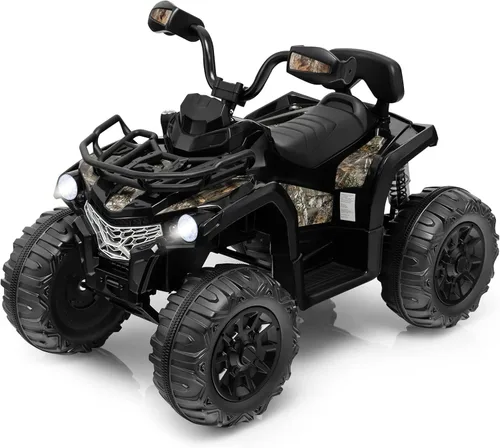 Costzon ATV para niños, vehículo eléctrico de cuatro ruedas de 12 V con función de avance/atrás, 2 velocidades, música, faros, cesta de Negro