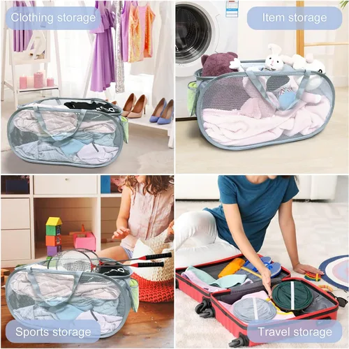 Miniatura 3 de 2 cestas de malla para la ropa sucia, canastas plegables para la ropa sucia, 75 litros, cesta de almacenamiento horizontal con bolsillo lateral y 1