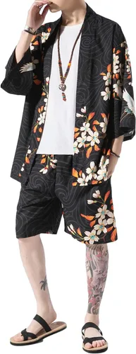 PRIJOUHE Conjunto de pantalones tipo kimono de estilo japonés para hombre, ligero, casual, siete mangas, frente abierto, cárdigan y pantalones cortos